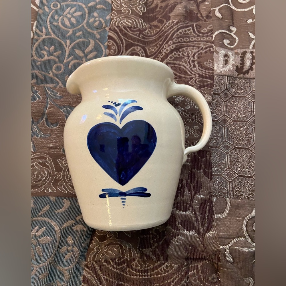 Vintage Casey Pottery Marshall TX hand-turned pottery pitcher with blue heart.